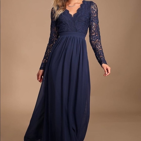 Lulus Awaken My Love Navy Blue Long Sleeves Lace Maxi Dress Size Medium New - Picture 2 of 15